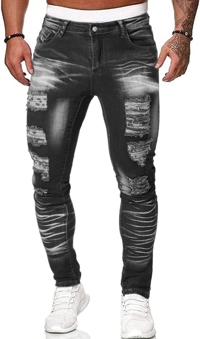 HUNGSON Men's Ripped Skinny Jeans Stretchy Slim Fit Jeans Pants for Men