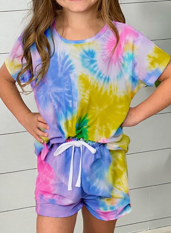 Dokotoo Girls Summer Cute T-Shirt Shorts Outfits Set Short Sleeve Tops Tee Clothes Crew Neck Tie Dye Stretchy Drawstring Waist Shorts with Side Pockets Size 8-9 Sky Blue