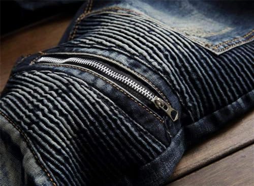 AITITIA Men's Biker Zipper Deco Washed Straight Fit Jeans (40, 002 Light Blue)