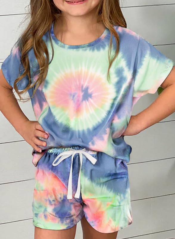 Dokotoo Girls Summer Cute T-Shirt Shorts Outfits Set Short Sleeve Tops Tee Clothes Crew Neck Tie Dye Stretchy Drawstring Waist Shorts with Side Pockets Size 8-9 Sky Blue