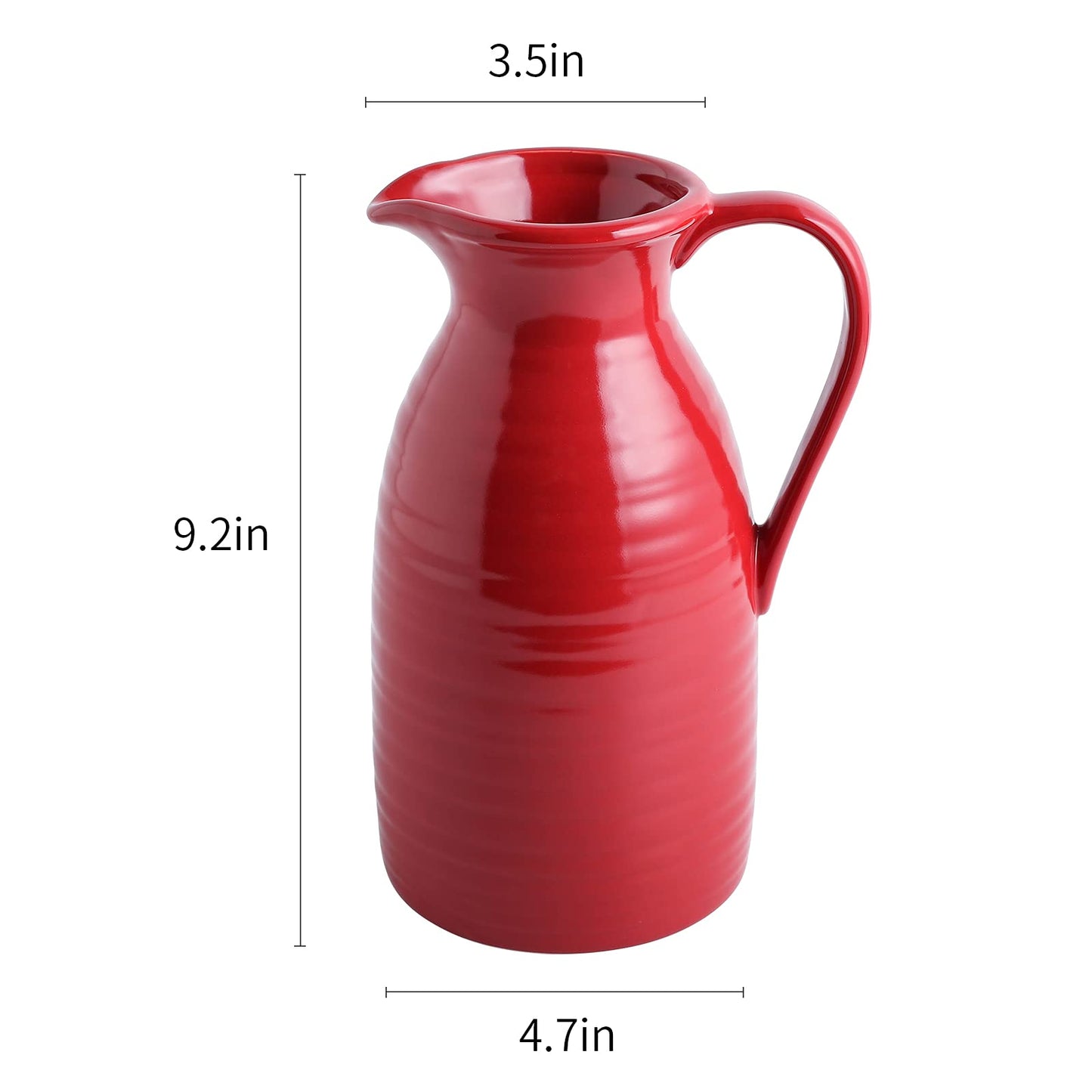 Red ceramic pitcher with dimensions labeled on a white background