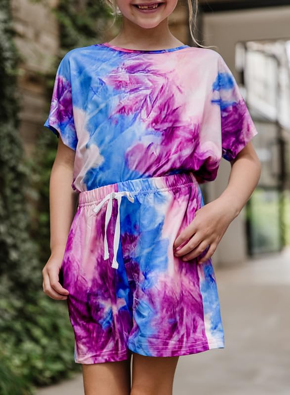 Dokotoo Girls Summer Cute T-Shirt Shorts Outfits Set Short Sleeve Tops Tee Clothes Crew Neck Tie Dye Stretchy Drawstring Waist Shorts with Side Pockets Size 8-9 Sky Blue