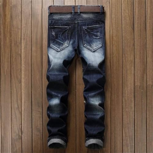AITITIA Men's Biker Zipper Deco Washed Straight Fit Jeans (40, 002 Light Blue)