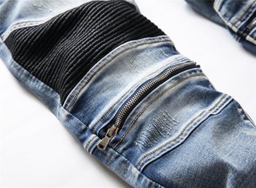 AITITIA Men's Biker Zipper Deco Washed Straight Fit Jeans (40, 002 Light Blue)