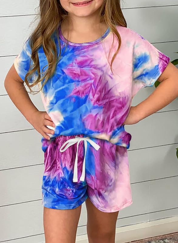 Dokotoo Girls Summer Cute T-Shirt Shorts Outfits Set Short Sleeve Tops Tee Clothes Crew Neck Tie Dye Stretchy Drawstring Waist Shorts with Side Pockets Size 8-9 Sky Blue