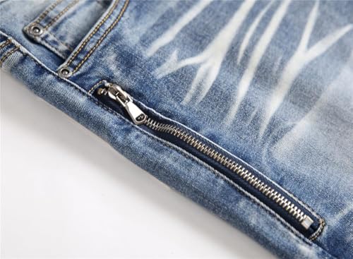 AITITIA Men's Biker Zipper Deco Washed Straight Fit Jeans (40, 002 Light Blue)