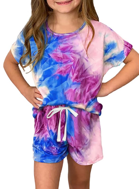 Dokotoo Girls Summer Cute T-Shirt Shorts Outfits Set Short Sleeve Tops Tee Clothes Crew Neck Tie Dye Stretchy Drawstring Waist Shorts with Side Pockets Size 8-9 Sky Blue