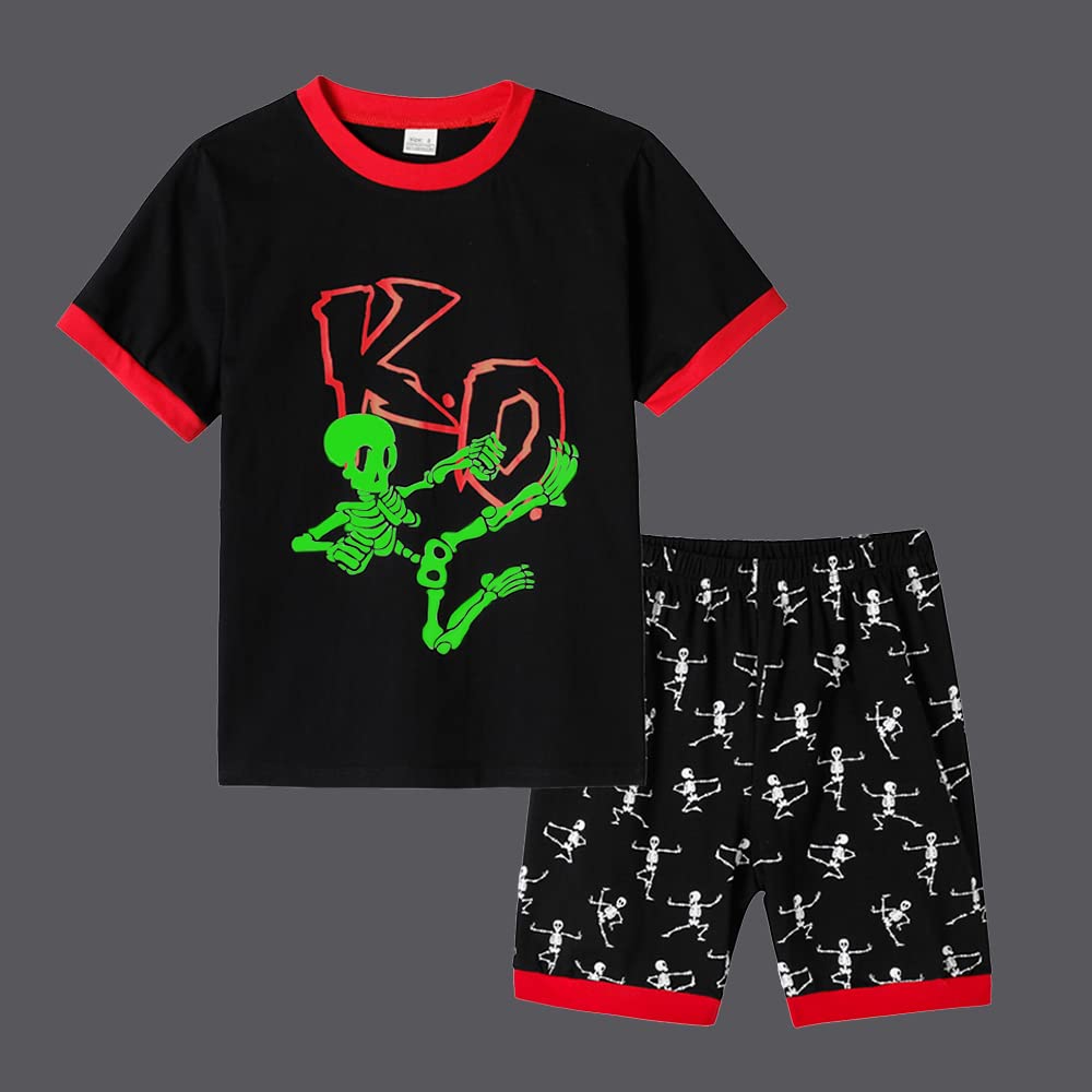 MyFav Big Boys Glow in Dark Skull Pjs Sleepwear Summer Pajama Shorts Sets, Skateboard, 14 Years