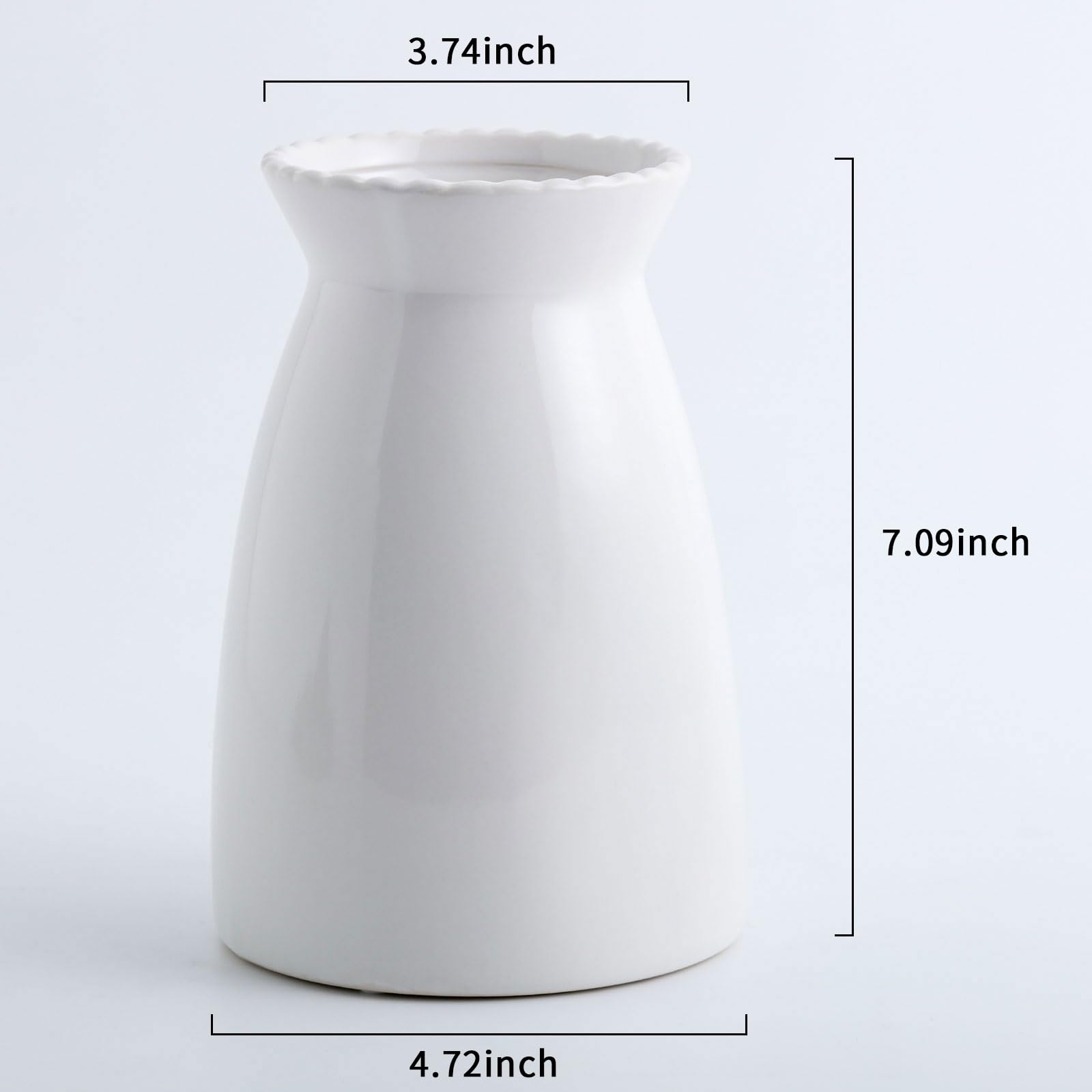 White ceramic pitcher with dimensions labeled on a light gray background