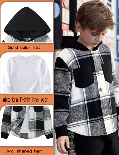 Auiopila Kids Toddler Boy Clothes Plaid Hooded Shirt White T-shirt Top and Solid Color Pants 3Pcs Winter Boys Outfits