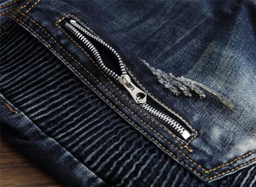 AITITIA Men's Biker Zipper Deco Washed Straight Fit Jeans (40, 002 Light Blue)
