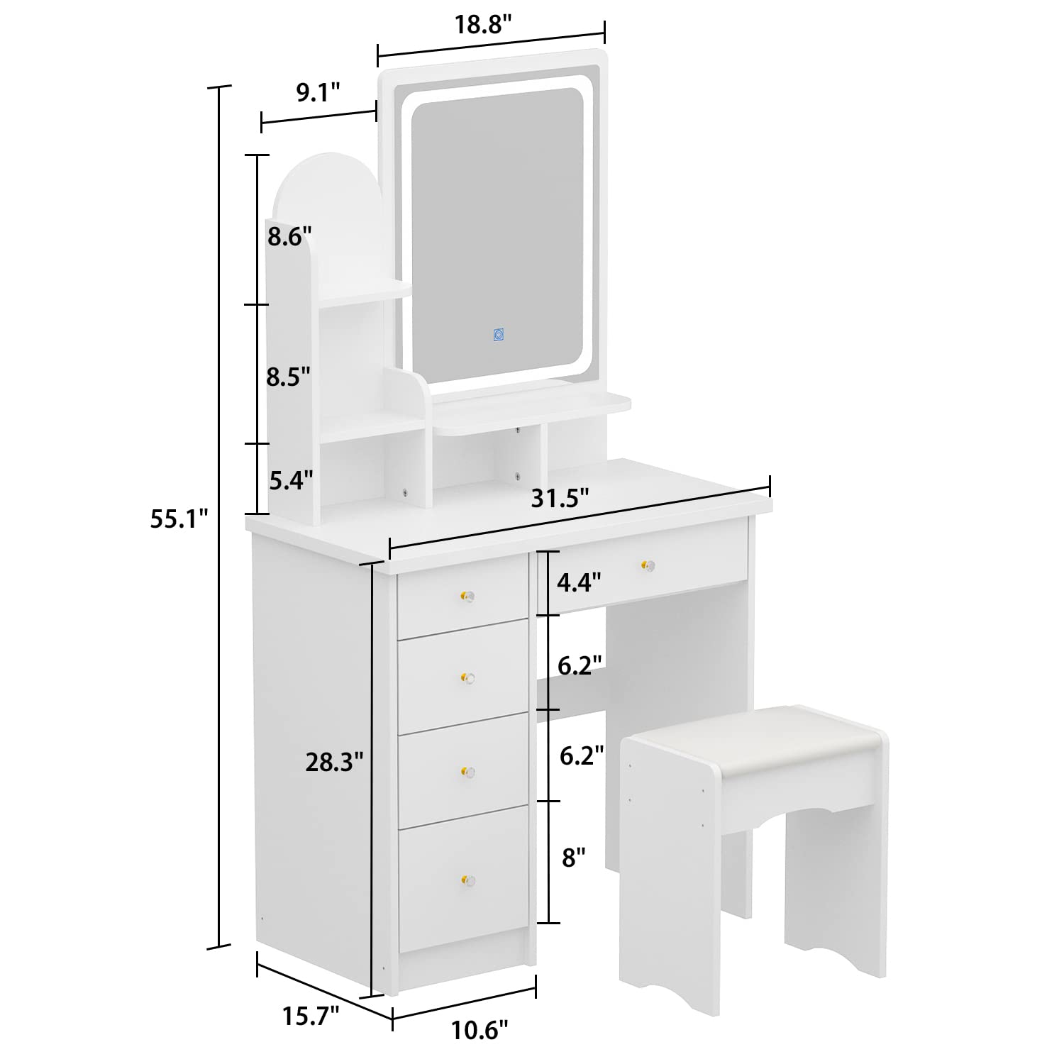 White vanity table with mirror and stool, shown with dimensions on a white background