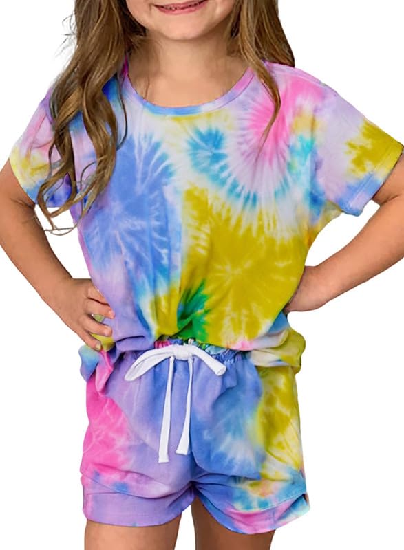 Dokotoo Girls Summer Cute T-Shirt Shorts Outfits Set Short Sleeve Tops Tee Clothes Crew Neck Tie Dye Stretchy Drawstring Waist Shorts with Side Pockets Size 8-9 Sky Blue