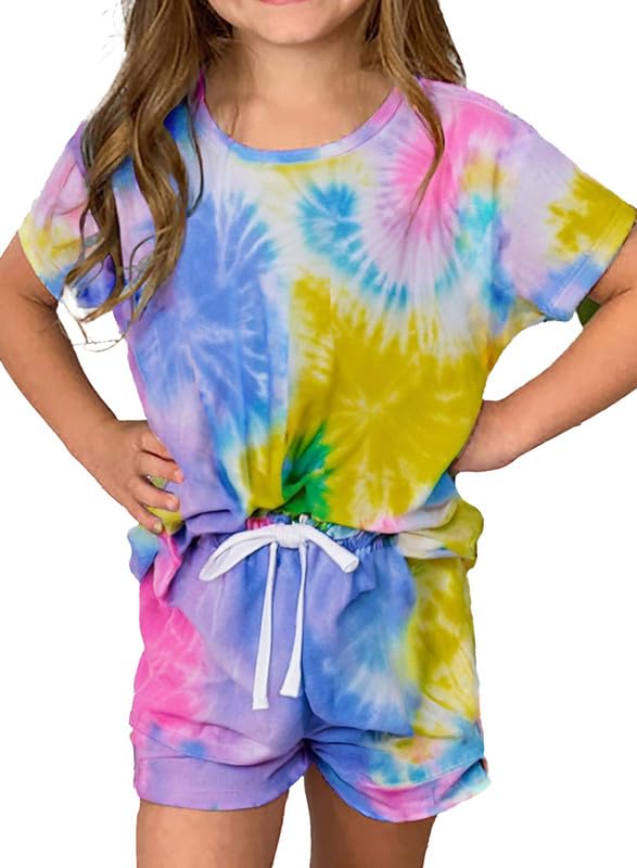 Dokotoo Girls Summer Cute T-Shirt Shorts Outfits Set Short Sleeve Tops Tee Clothes Crew Neck Tie Dye Stretchy Drawstring Waist Shorts with Side Pockets Size 8-9 Sky Blue