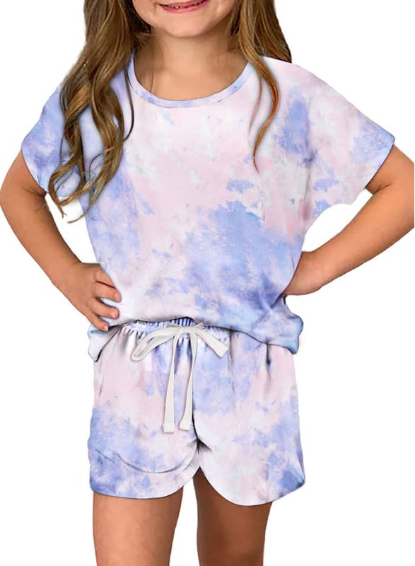 Dokotoo Girls Summer Cute T-Shirt Shorts Outfits Set Short Sleeve Tops Tee Clothes Crew Neck Tie Dye Stretchy Drawstring Waist Shorts with Side Pockets Size 8-9 Sky Blue