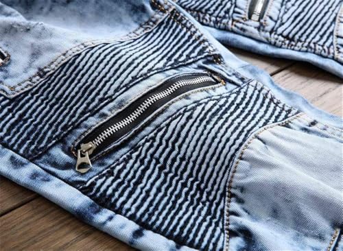 AITITIA Men's Biker Zipper Deco Washed Straight Fit Jeans (40, 002 Light Blue)