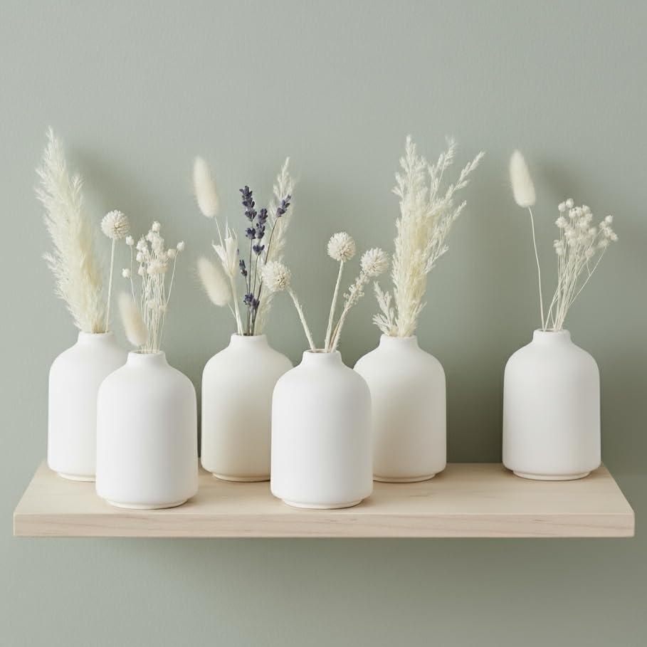 Carrot's Den - Set of 6 White Mini Ceramic Vases for Home Decor