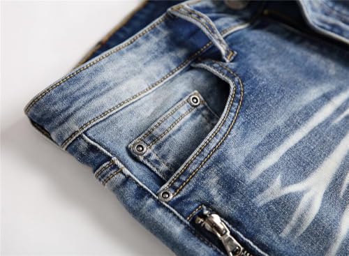 AITITIA Men's Biker Zipper Deco Washed Straight Fit Jeans (40, 002 Light Blue)