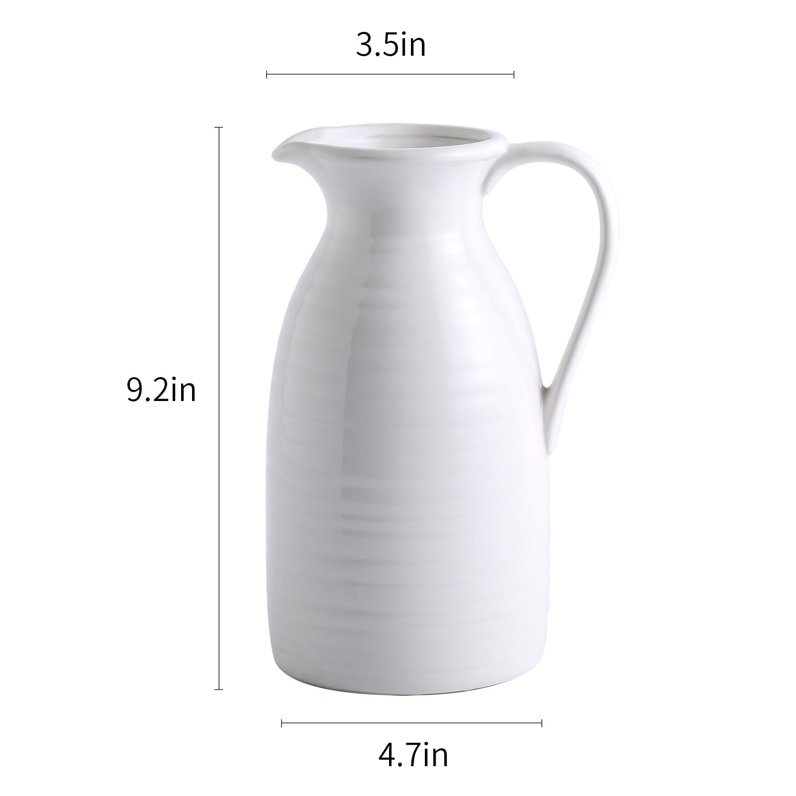 White ceramic pitcher with dimensions labeled on a white background
