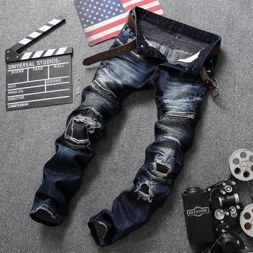 AITITIA Men's Biker Zipper Deco Washed Straight Fit Jeans (40, 002 Light Blue)