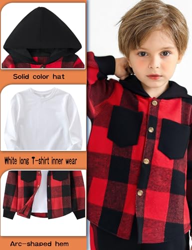 Auiopila Kids Toddler Boy Clothes Plaid Hooded Shirt White T-shirt Top and Solid Color Pants 3Pcs Winter Boys Outfits