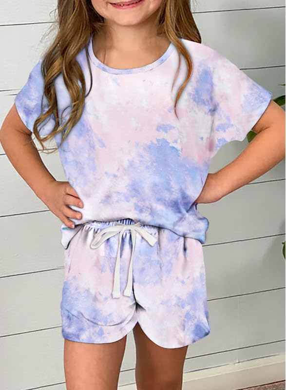 Dokotoo Girls Summer Cute T-Shirt Shorts Outfits Set Short Sleeve Tops Tee Clothes Crew Neck Tie Dye Stretchy Drawstring Waist Shorts with Side Pockets Size 8-9 Sky Blue