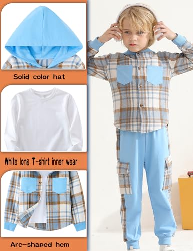 Auiopila Kids Toddler Boy Clothes Plaid Hooded Shirt White T-shirt Top and Solid Color Pants 3Pcs Winter Boys Outfits