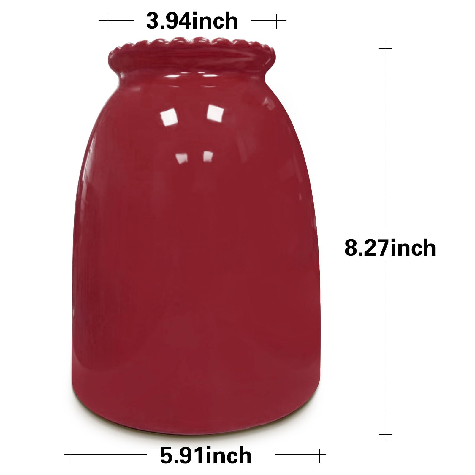 Red glass vase with dimensions labeled on a white background