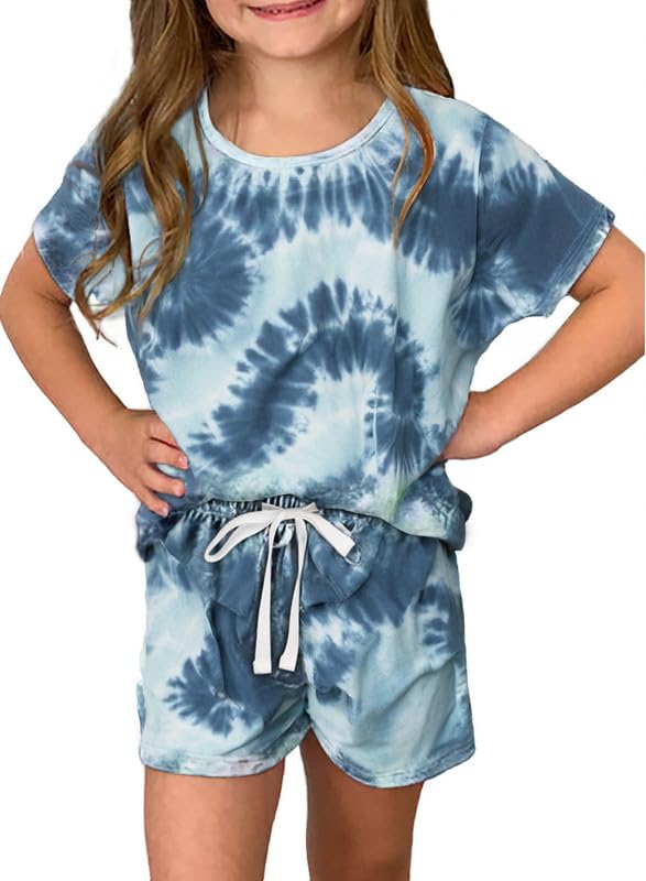 Dokotoo Girls Summer Cute T-Shirt Shorts Outfits Set Short Sleeve Tops Tee Clothes Crew Neck Tie Dye Stretchy Drawstring Waist Shorts with Side Pockets Size 8-9 Sky Blue