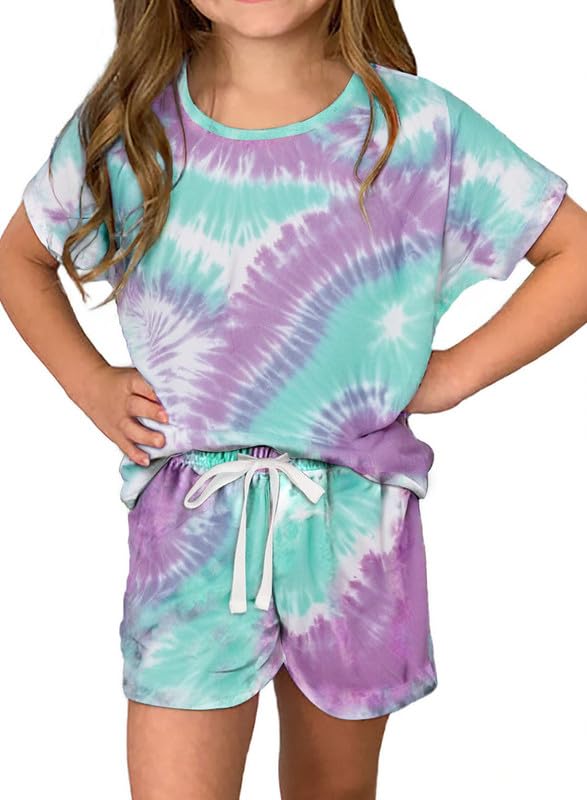 Dokotoo Girls Summer Cute T-Shirt Shorts Outfits Set Short Sleeve Tops Tee Clothes Crew Neck Tie Dye Stretchy Drawstring Waist Shorts with Side Pockets Size 8-9 Sky Blue