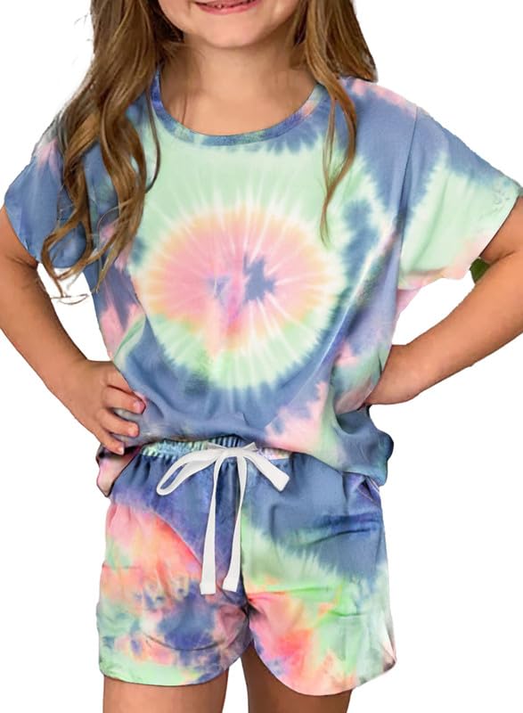 Dokotoo Girls Summer Cute T-Shirt Shorts Outfits Set Short Sleeve Tops Tee Clothes Crew Neck Tie Dye Stretchy Drawstring Waist Shorts with Side Pockets Size 8-9 Sky Blue