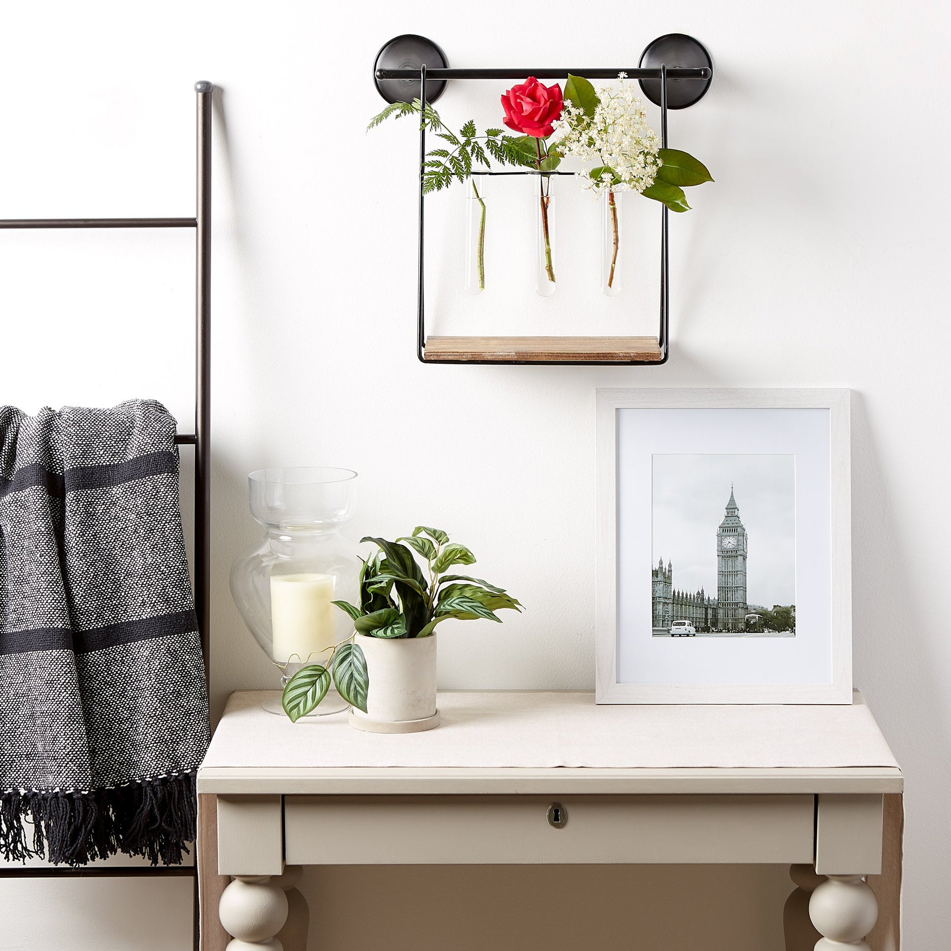 Elegant Iron and Wood Wall Shelf with Glass Vases