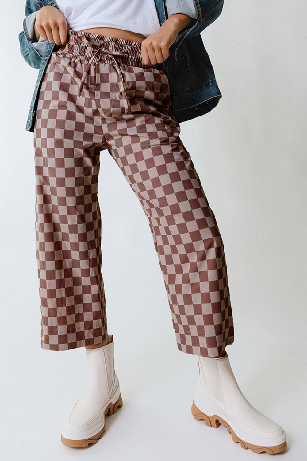 Sky Blue Tie Elastic Waist Checkered Loose Pants