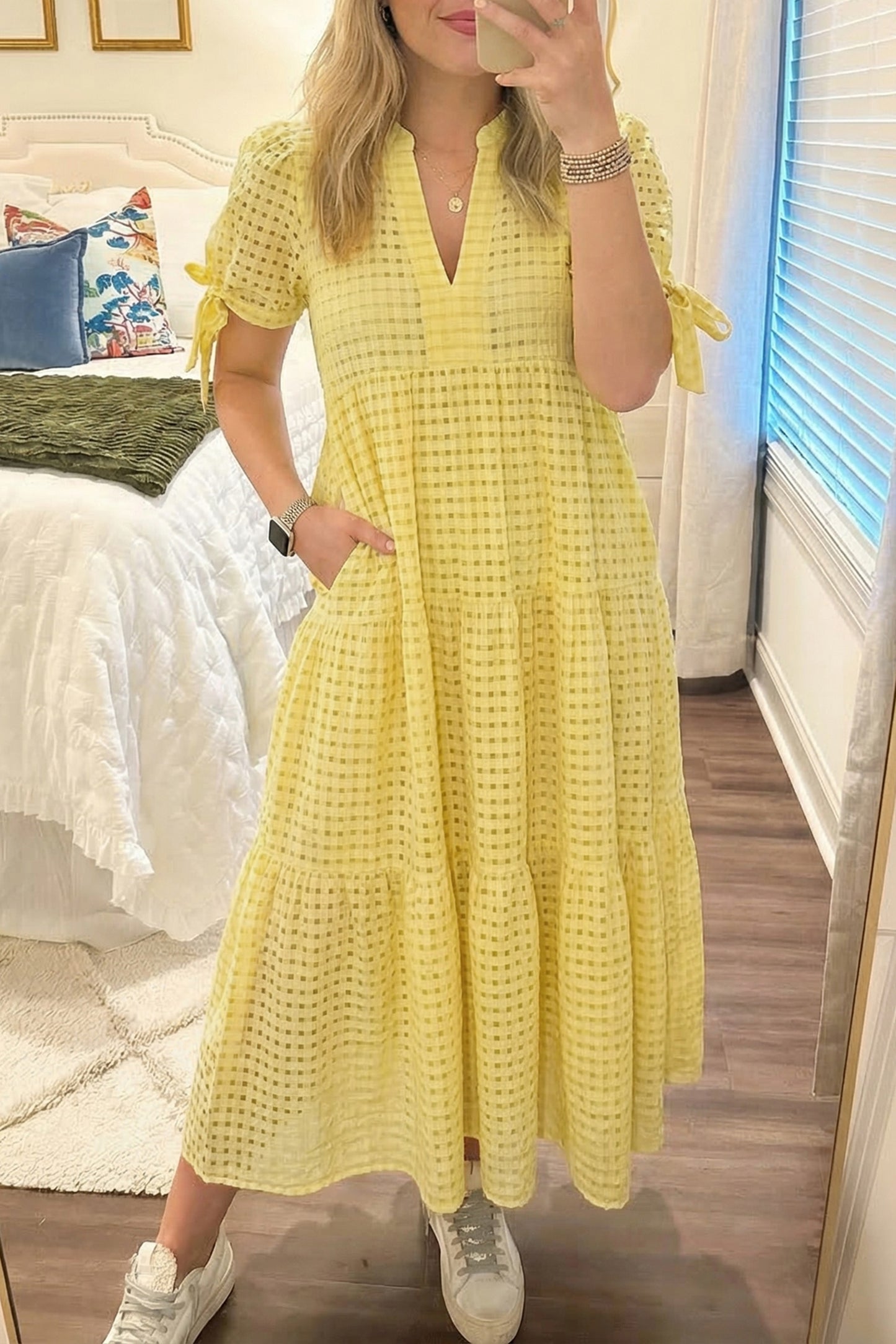 Dusk Blue Gingham Textured Bow Tie Short Sleeve Tiered Midi Dress