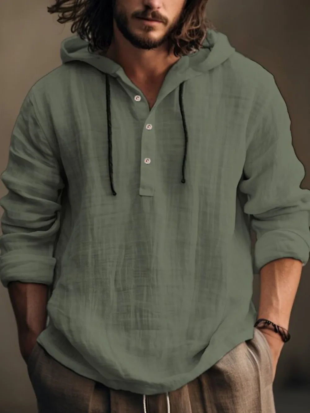 Men's Full Size Half Button Long Sleeve Hoodie