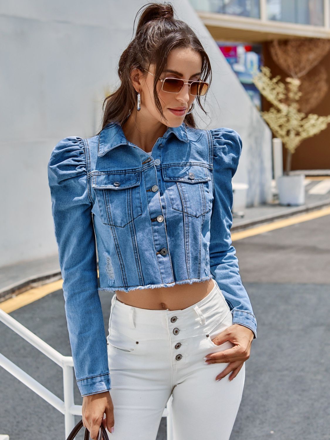 Button Down Raw Hem Cropped Denim Jacket