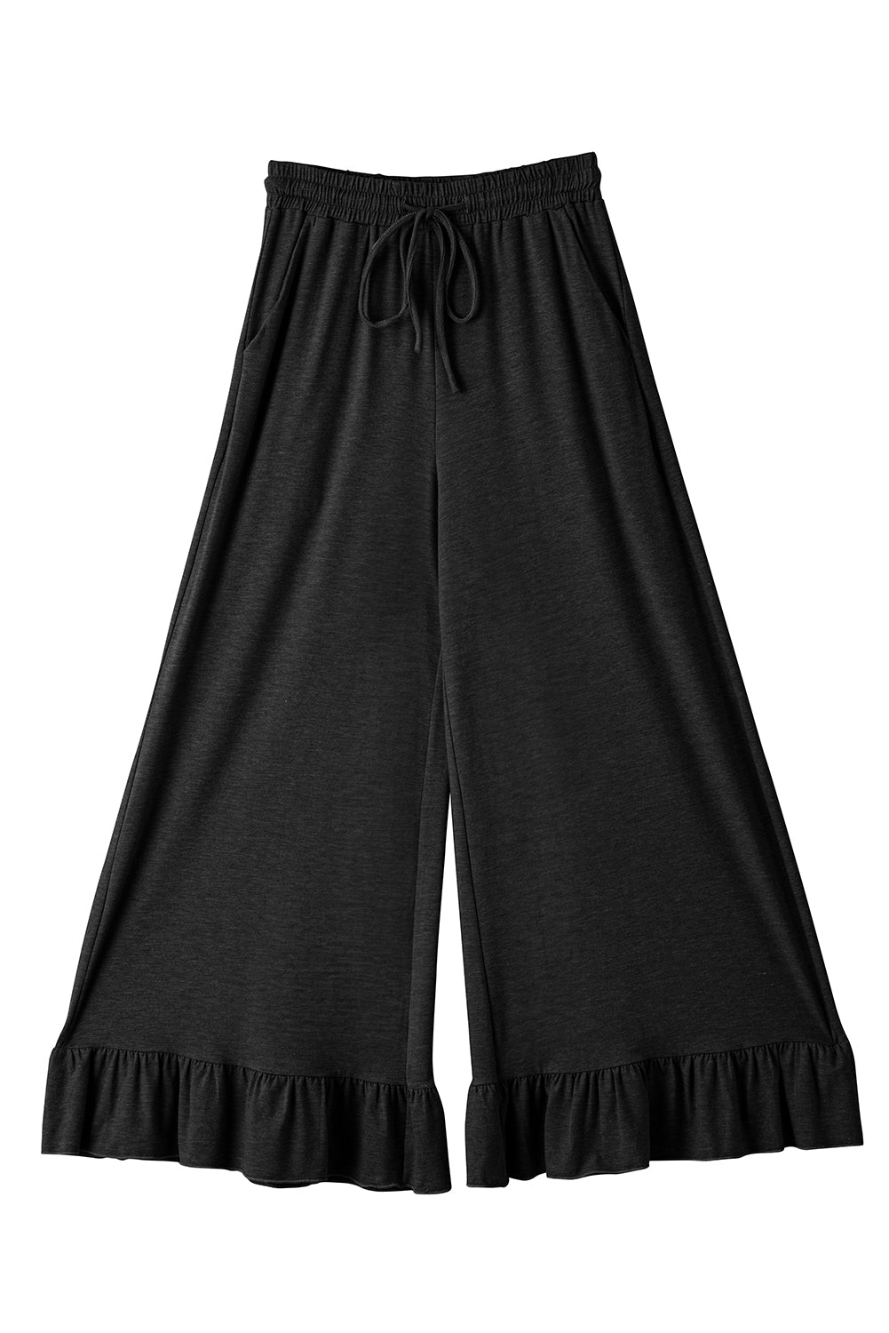Black Solid Color Ruffle Hem Wide Leg Pants 