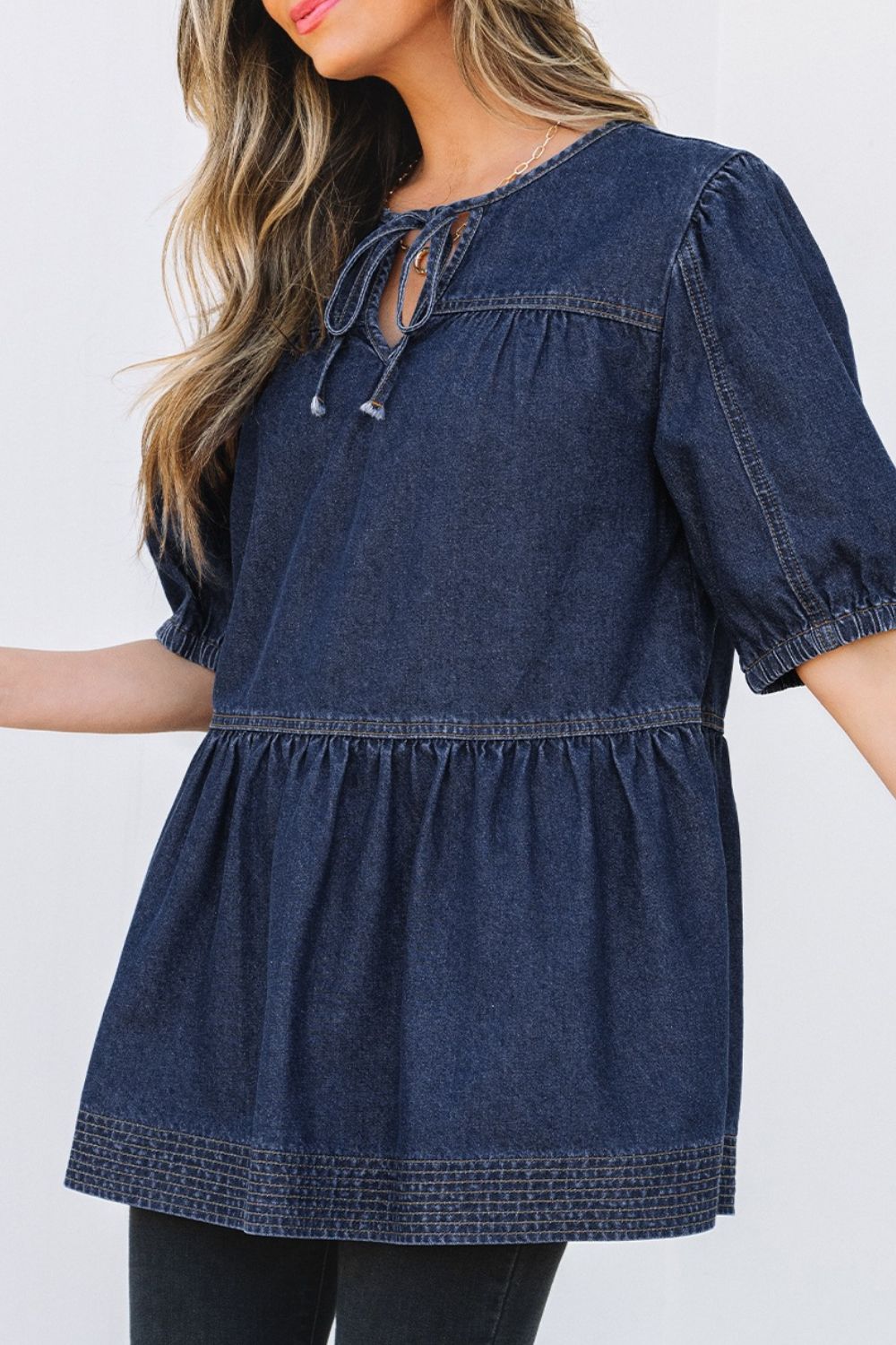 Ruffled Open Front Denim Top