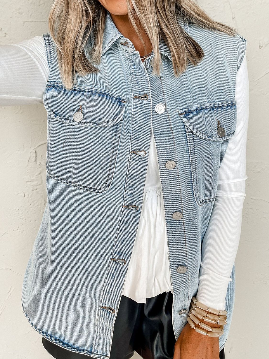 Collared Neck Button Up Denim Vest