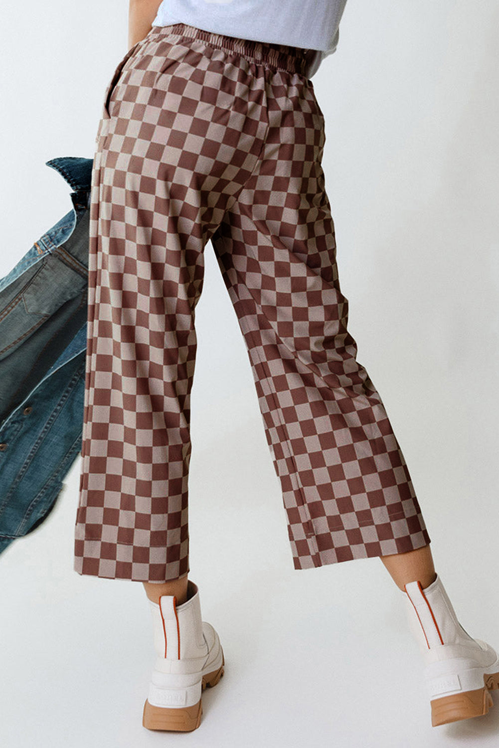 Sky Blue Tie Elastic Waist Checkered Loose Pants