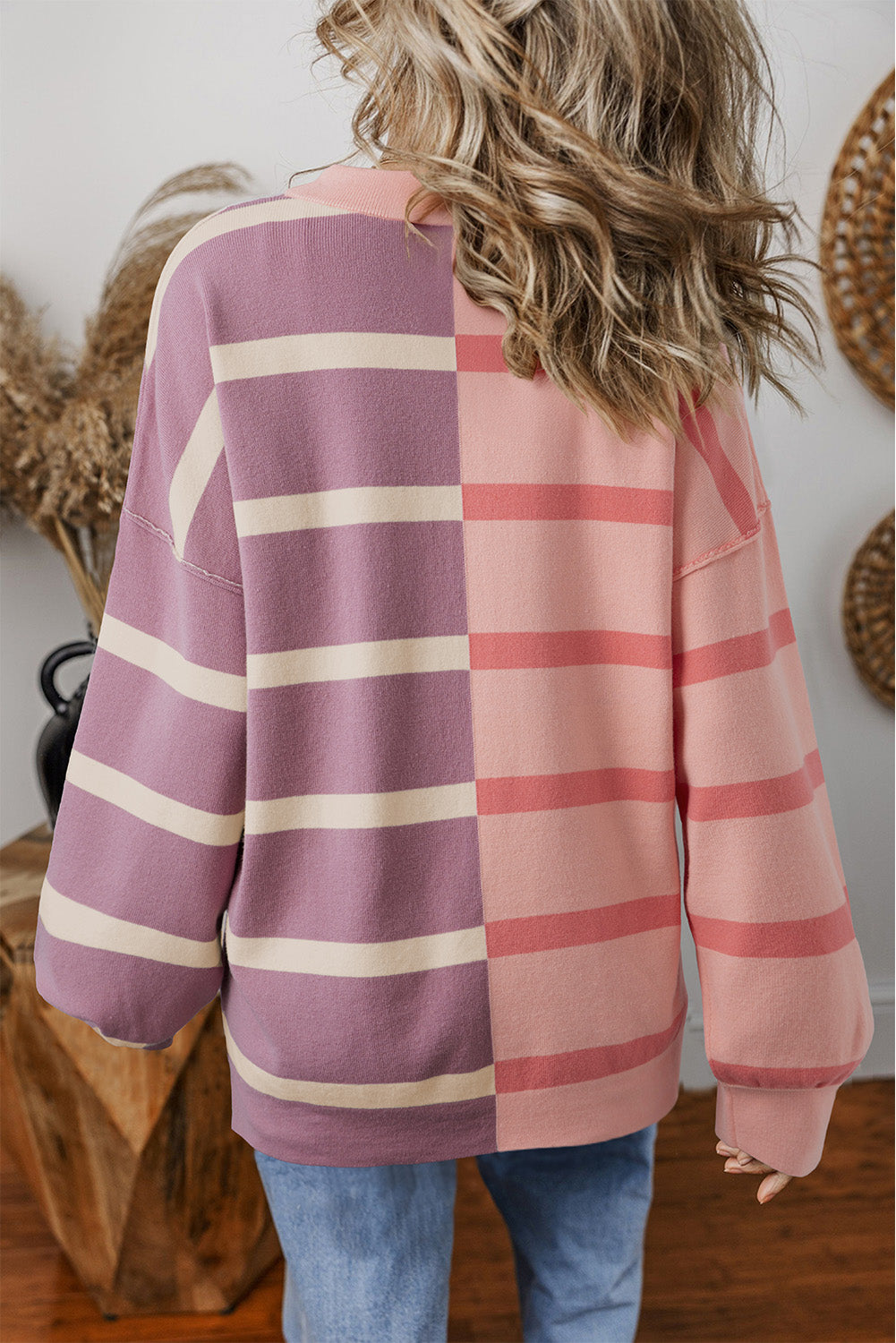 Pink Striped Colorblock Drop Shoulder Sweater