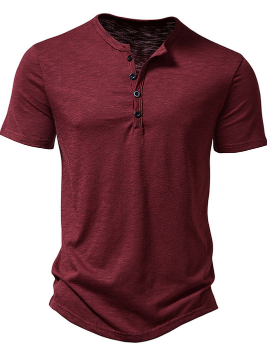 Maroon short-sleeve henley shirt on a white background