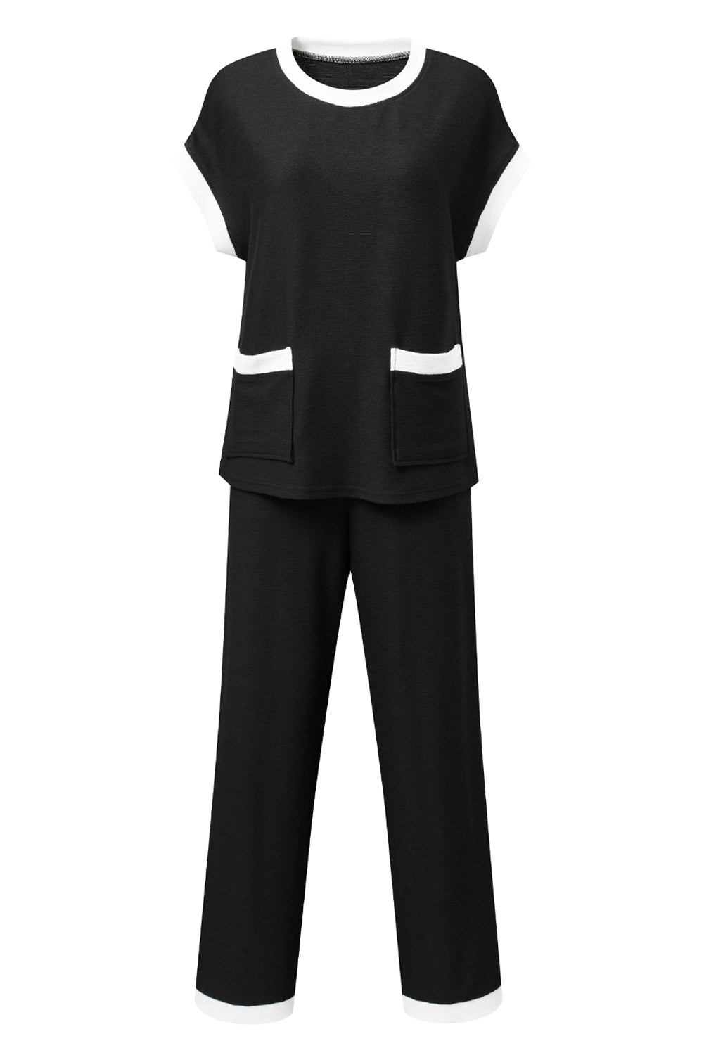 Navy Blue Contrast Trim Pocket T Shirt and Wide Leg Pants Set