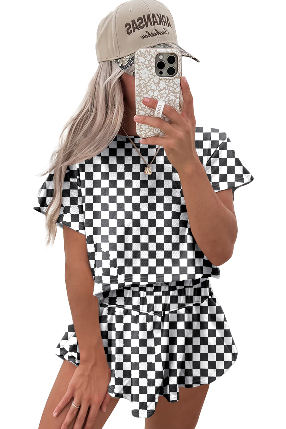  Brown Checkerboard T Shirt and High Waist Skort Set