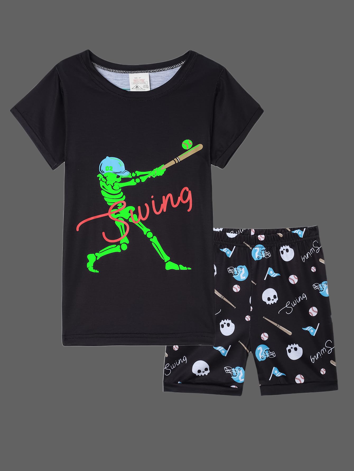 MyFav Big Boys Glow in Dark Skull Pjs Sleepwear Summer Pajama Shorts Sets, Skateboard, 14 Years