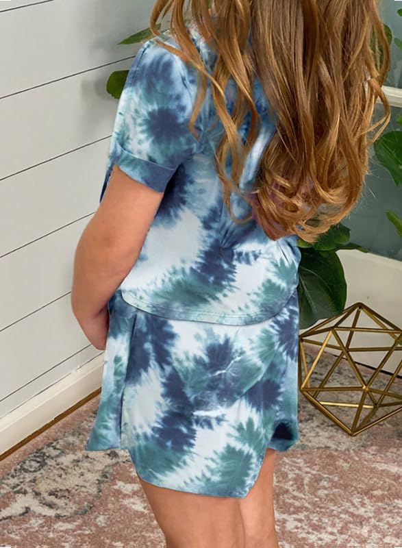 Dokotoo Girls Summer Cute T-Shirt Shorts Outfits Set Short Sleeve Tops Tee Clothes Crew Neck Tie Dye Stretchy Drawstring Waist Shorts with Side Pockets Size 8-9 Sky Blue