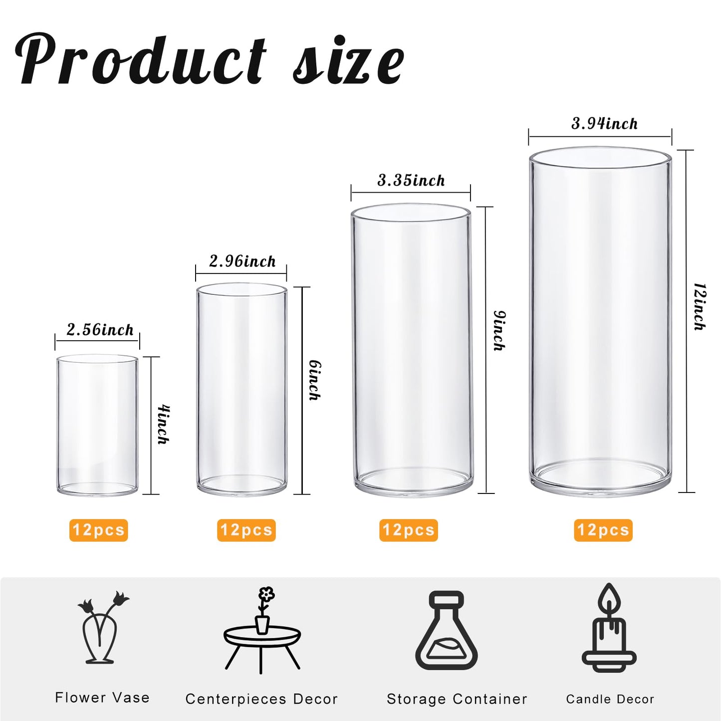 Clear cylindrical glass vases with dimensions and usage icons on a white background