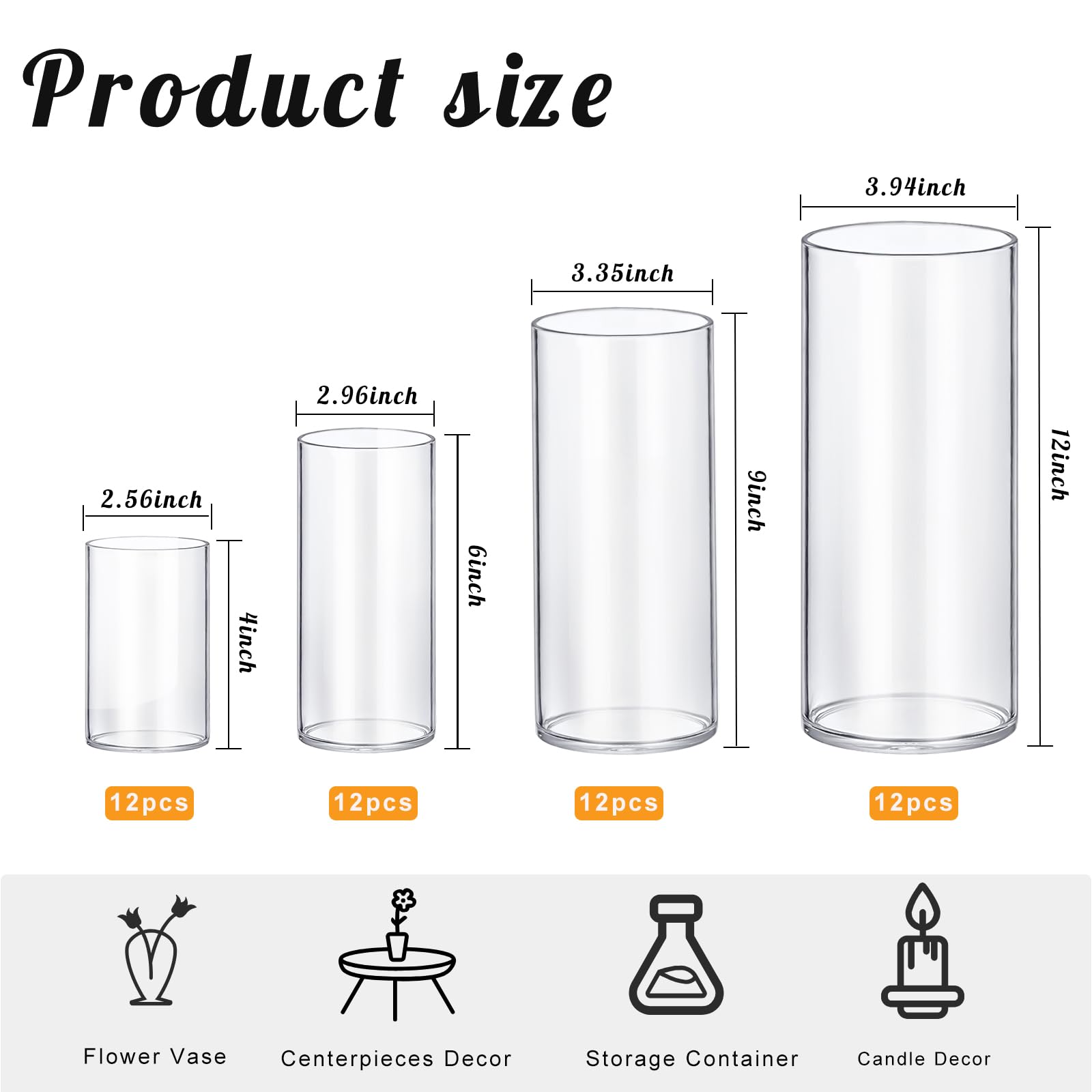 Clear cylindrical glass vases with dimensions and usage icons on a white background