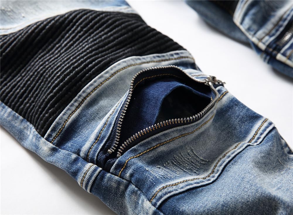 AITITIA Men's Biker Zipper Deco Washed Straight Fit Jeans (40, 002 Light Blue)