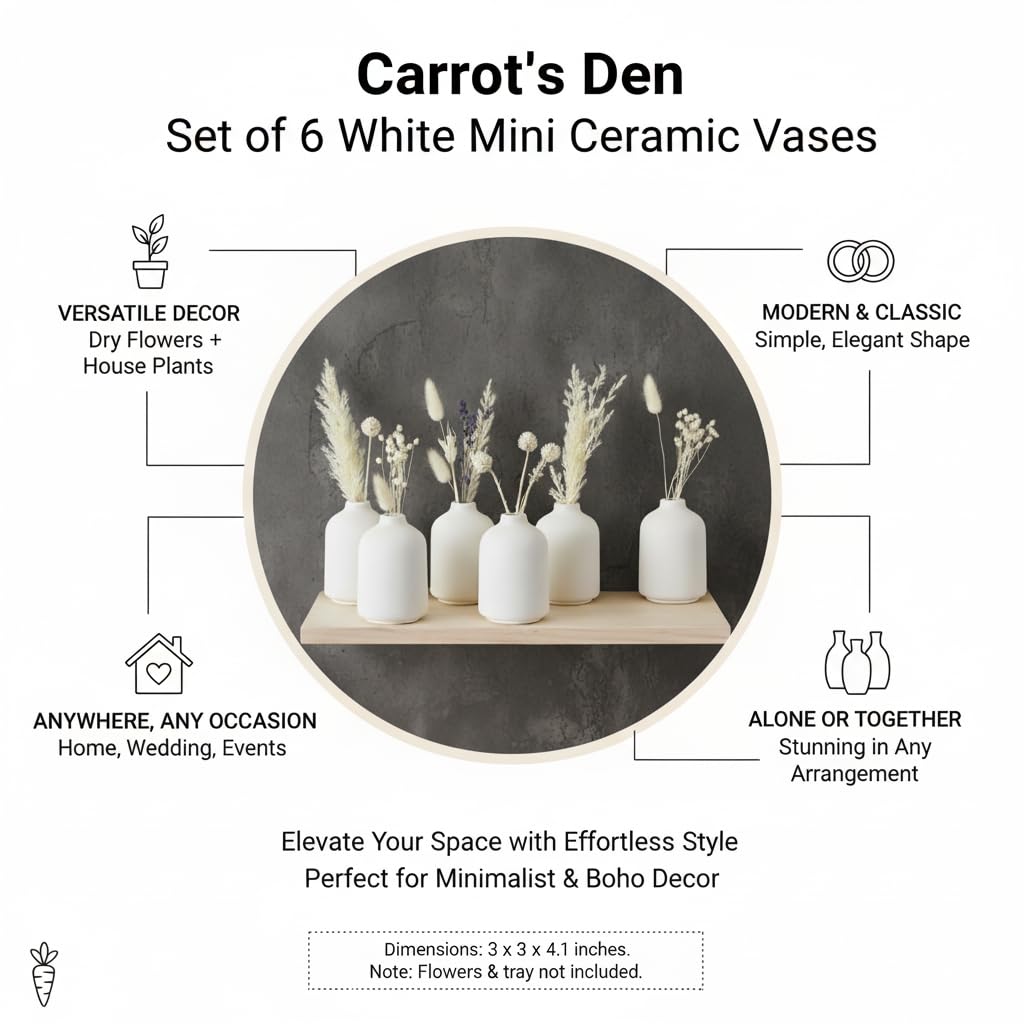 Carrot's Den - Set of 6 White Mini Ceramic Vases for Home Decor